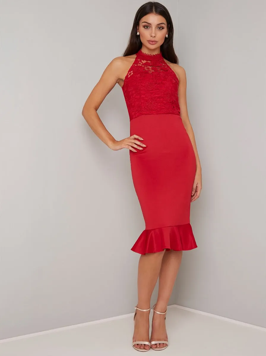 Lace Bodice Bodycon Peplum Hem Dress in Red sold by Chi Chi London