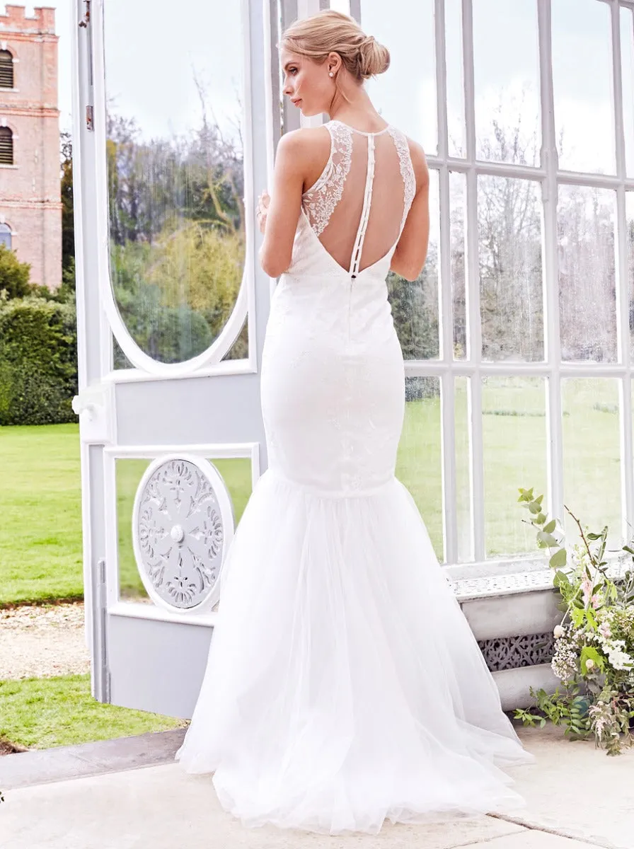 Bridal Lace Sheer Back Fishtail Wedding Dress in White sold by Chi Chi London product image thumbnail 5