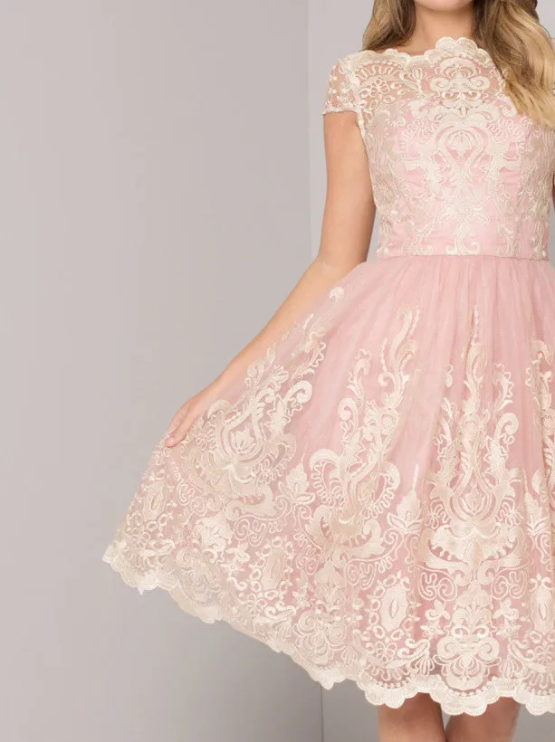 Baroque Style Embroidered Tea Dress in Vintage Rose sold by Chi Chi London product image thumbnail 4