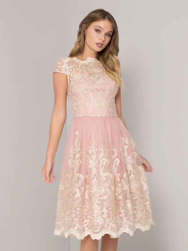 Baroque Style Embroidered Tea Dress in Vintage Rose sold by Chi Chi London