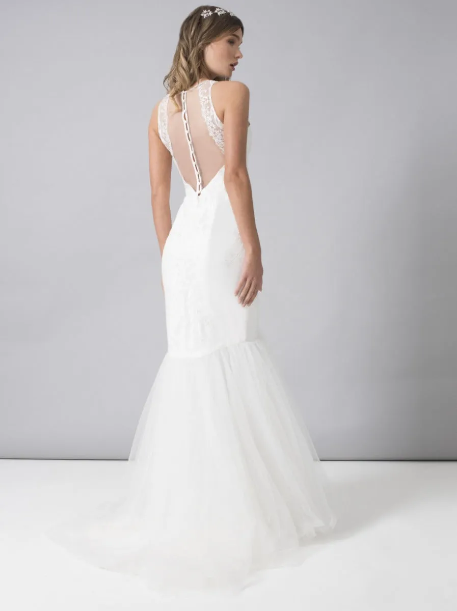 Bridal Lace Sheer Back Fishtail Wedding Dress in White sold by Chi Chi London
