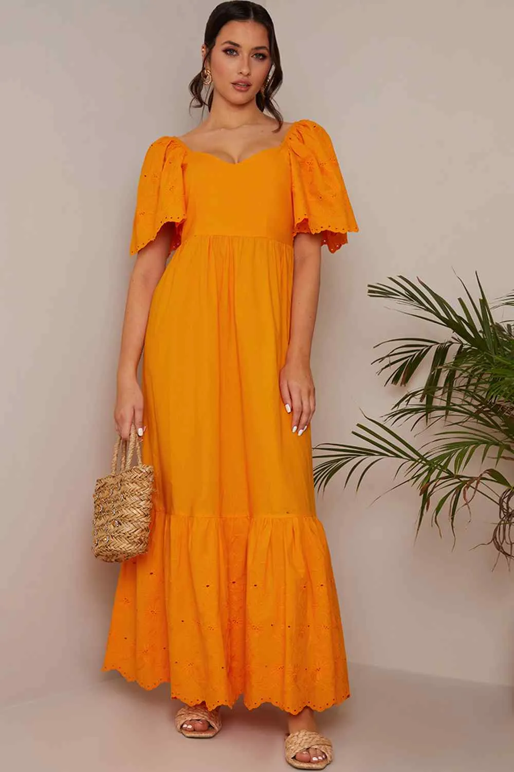 Broderie Anglaise Sleeve Poplin Maxi Dress in Orange sold by Chi Chi London product image thumbnail 2