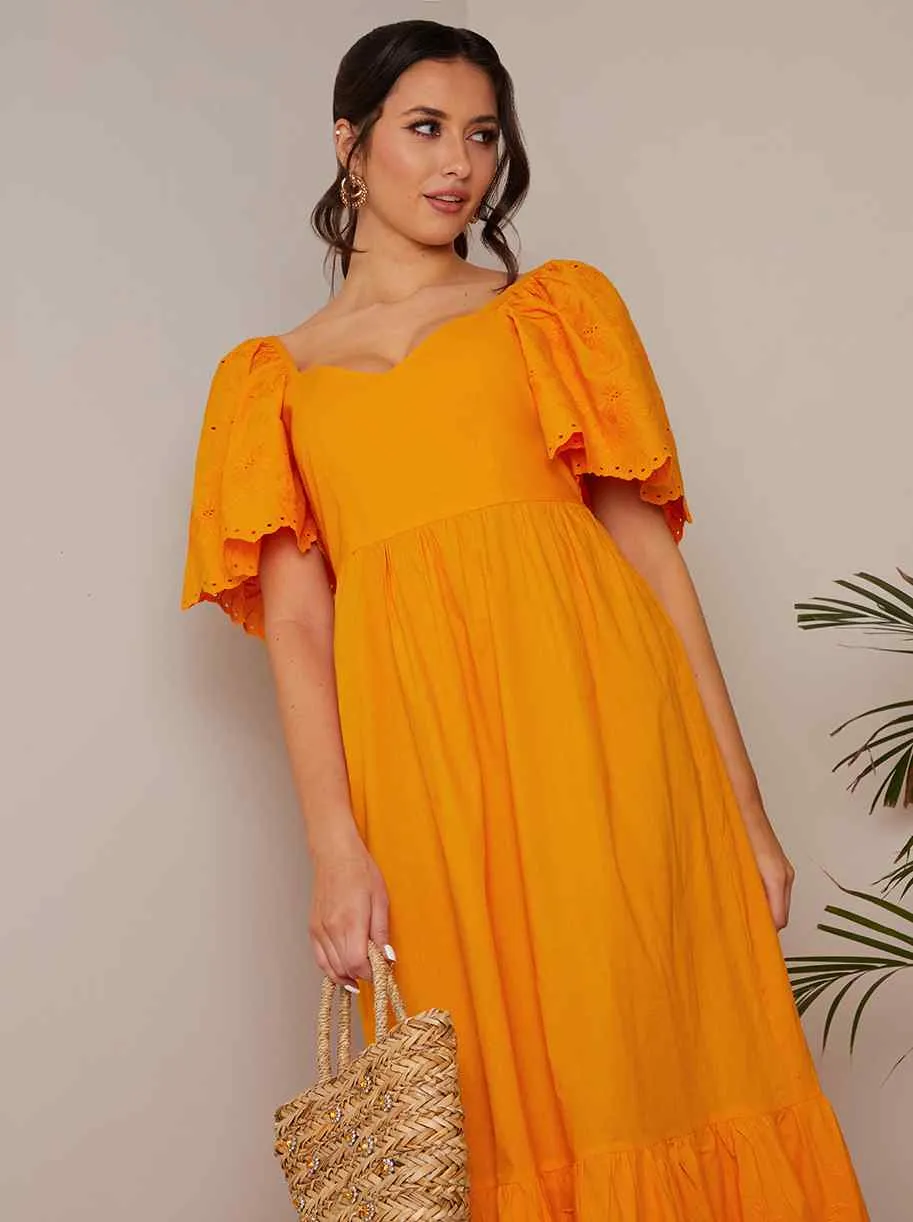 Broderie Anglaise Sleeve Poplin Maxi Dress in Orange sold by Chi Chi London product image thumbnail 4