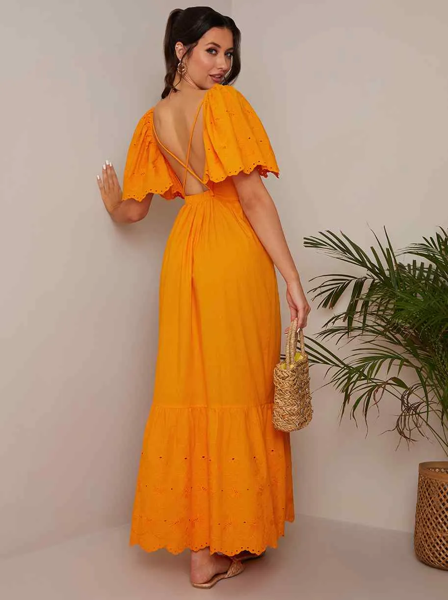 Broderie Anglaise Sleeve Poplin Maxi Dress in Orange sold by Chi Chi London