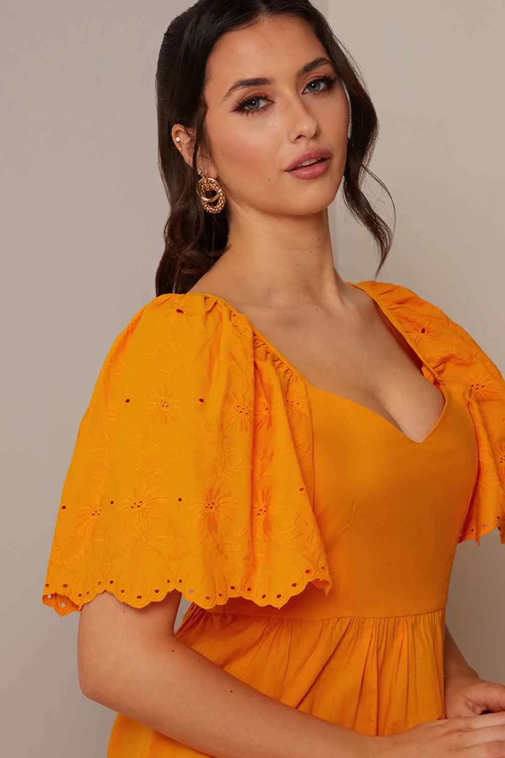 Broderie Anglaise Sleeve Poplin Maxi Dress in Orange sold by Chi Chi London product image thumbnail 3