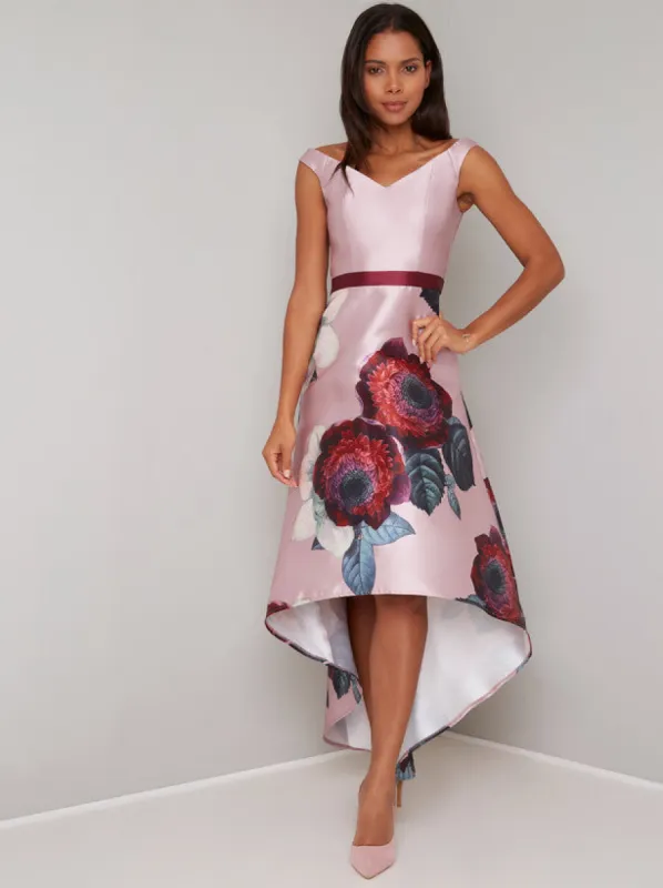 Digital Print Floral Dip Hem Midi Dress in Pink sold by Chi Chi London