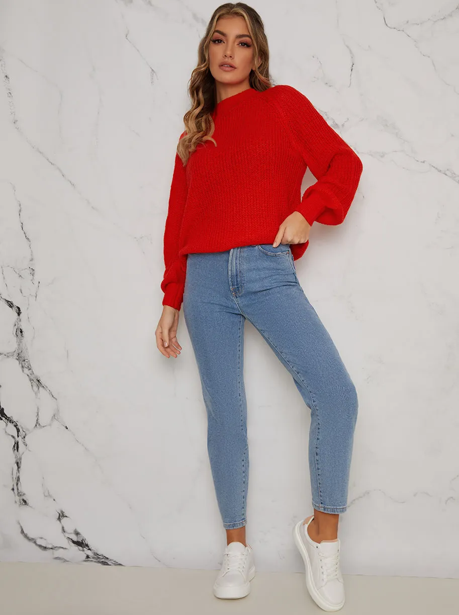 Crew Neck Long Sleeved Rib Knit Jumper in Red sold by Chi Chi London product image thumbnail 3