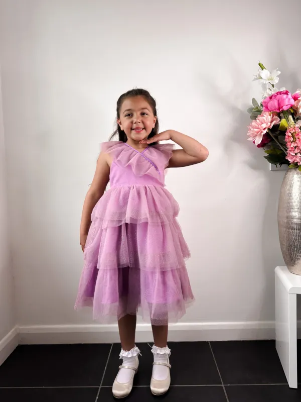 Girls Tiered Ruffle Sparkle Midi Dress in Lilac sold by Chi Chi London