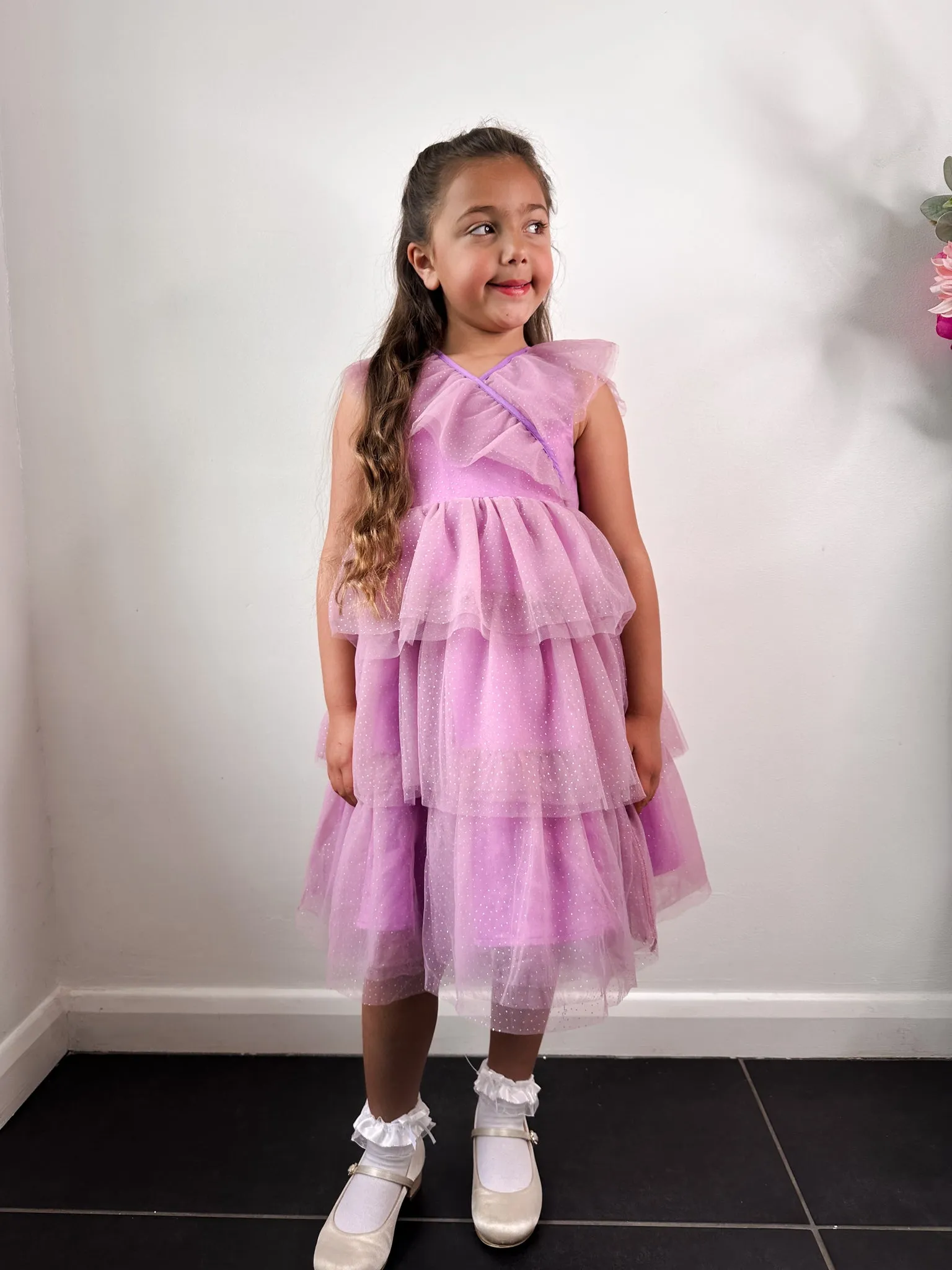 Girls Tiered Ruffle Sparkle Midi Dress in Lilac sold by Chi Chi London product image thumbnail 3