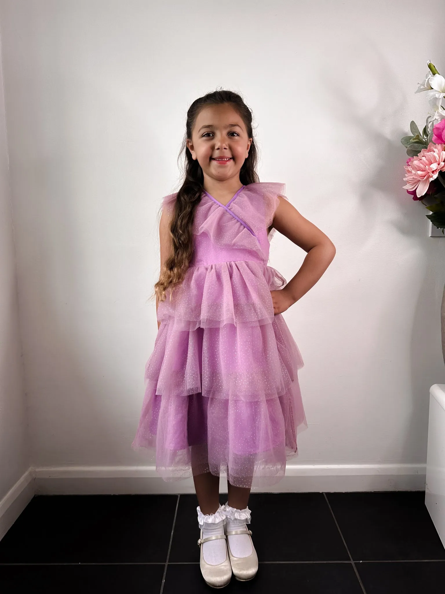 Girls Tiered Ruffle Sparkle Midi Dress in Lilac sold by Chi Chi London product image thumbnail 2
