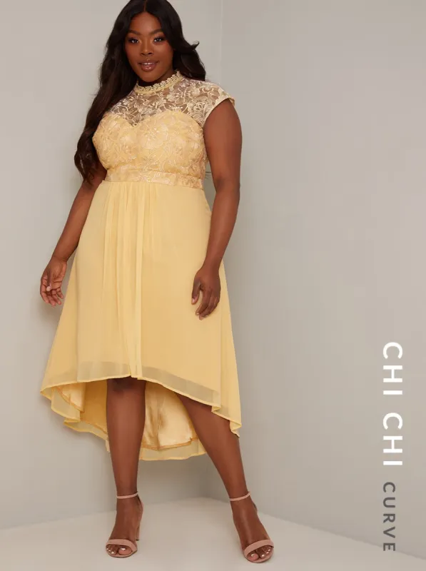 Plus Size Lace Bodice Midi Dress in Yellow sold by Chi Chi London