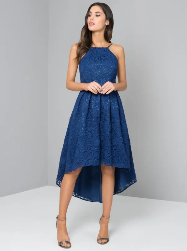 Open Back Crochet Lace Dip Hem Dress in Blue sold by Chi Chi London