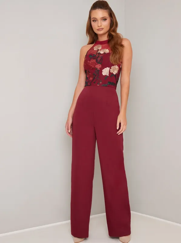 Lace Bodice Wide Leg Jumpsuit in Red sold by Chi Chi London