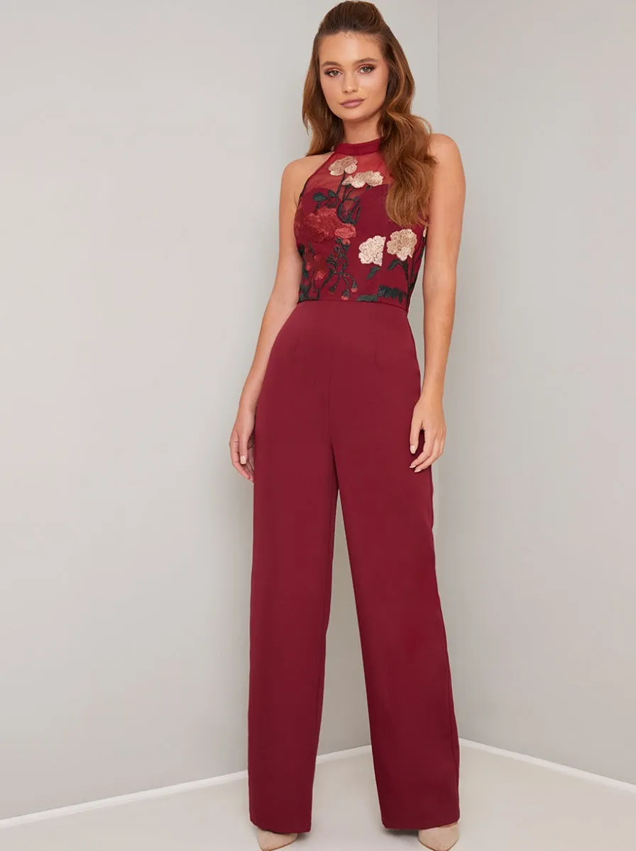 Lace Bodice Wide Leg Jumpsuit in Red sold by Chi Chi London