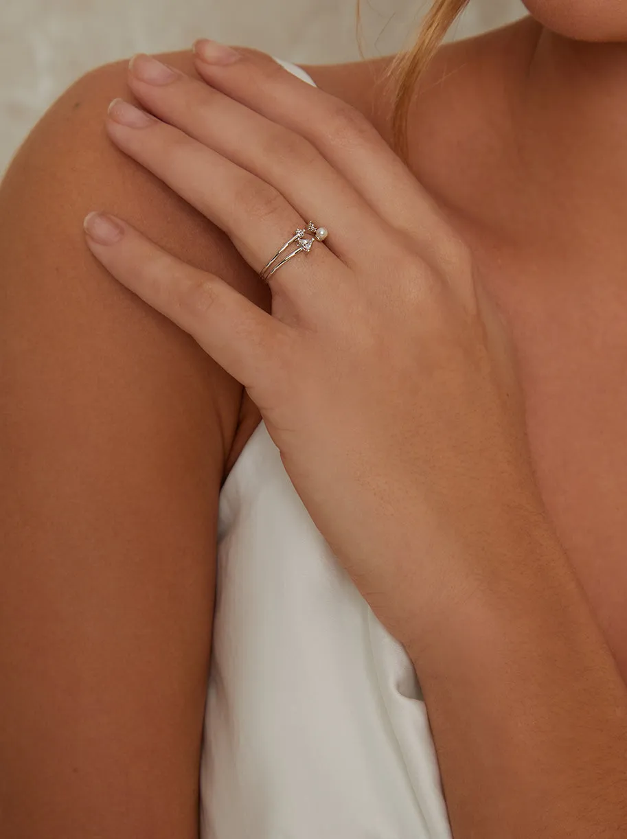 Faux Pearl Diamante Ring in Silver Tone sold by Chi Chi London