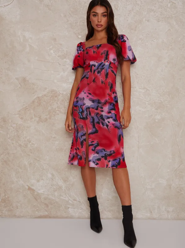 Square Neck Abstract Print Midi Dress in Multi sold by Chi Chi London