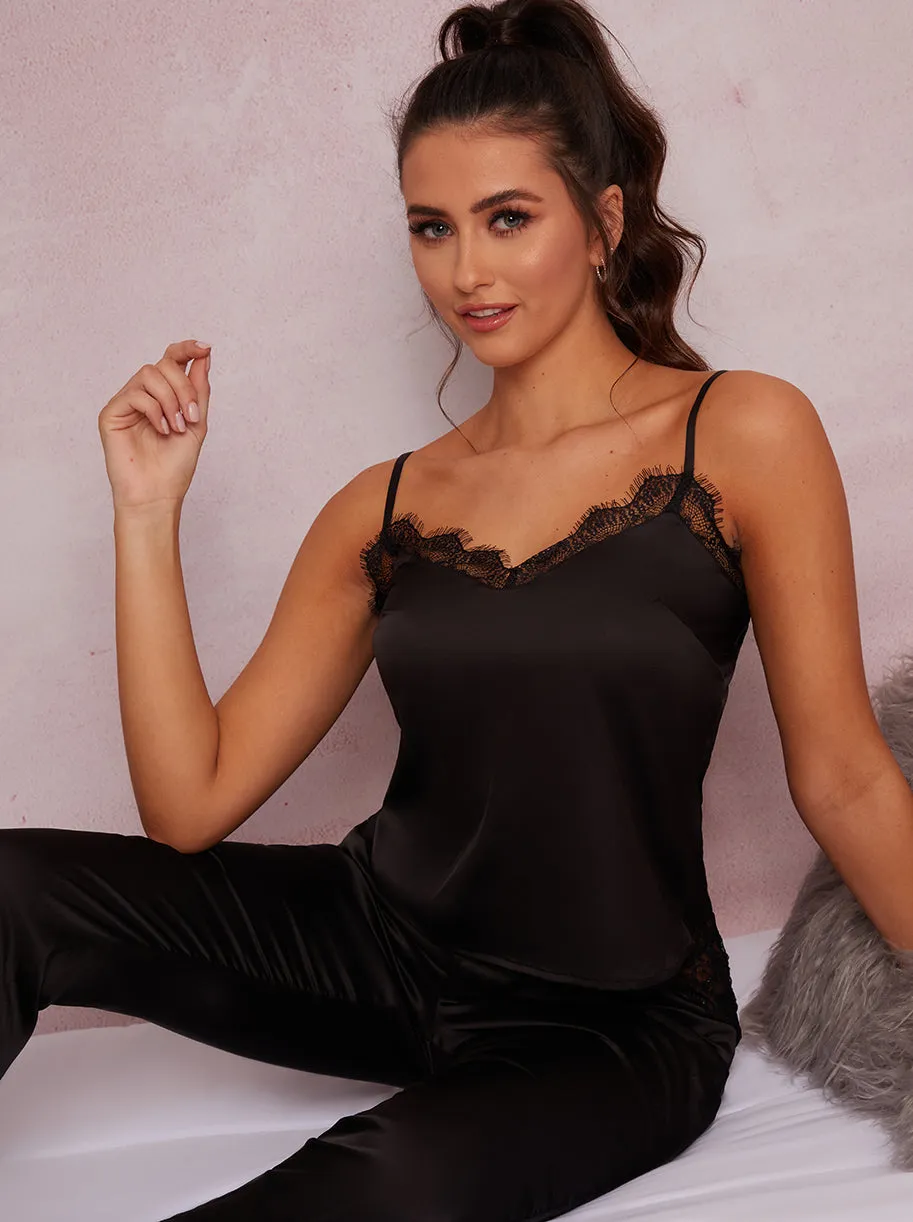 Lace Trim Satin Cami Pyjama Set In Black sold by Chi Chi London product image thumbnail 4