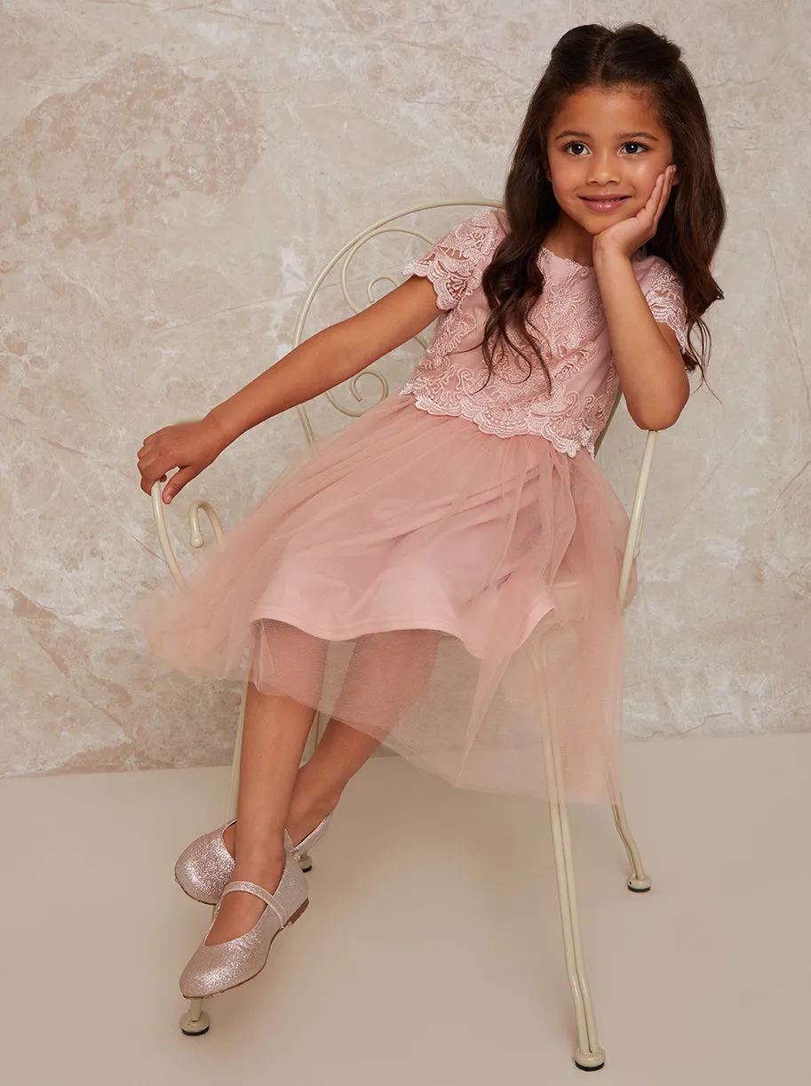Girls Lace Overlay Dress with Mesh Skirt in Pink sold by Chi Chi London product image thumbnail 2