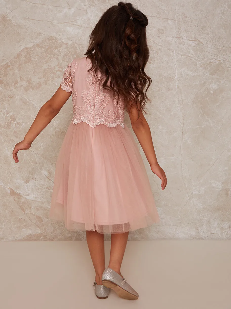 Girls Lace Overlay Dress with Mesh Skirt in Pink sold by Chi Chi London product image thumbnail 3