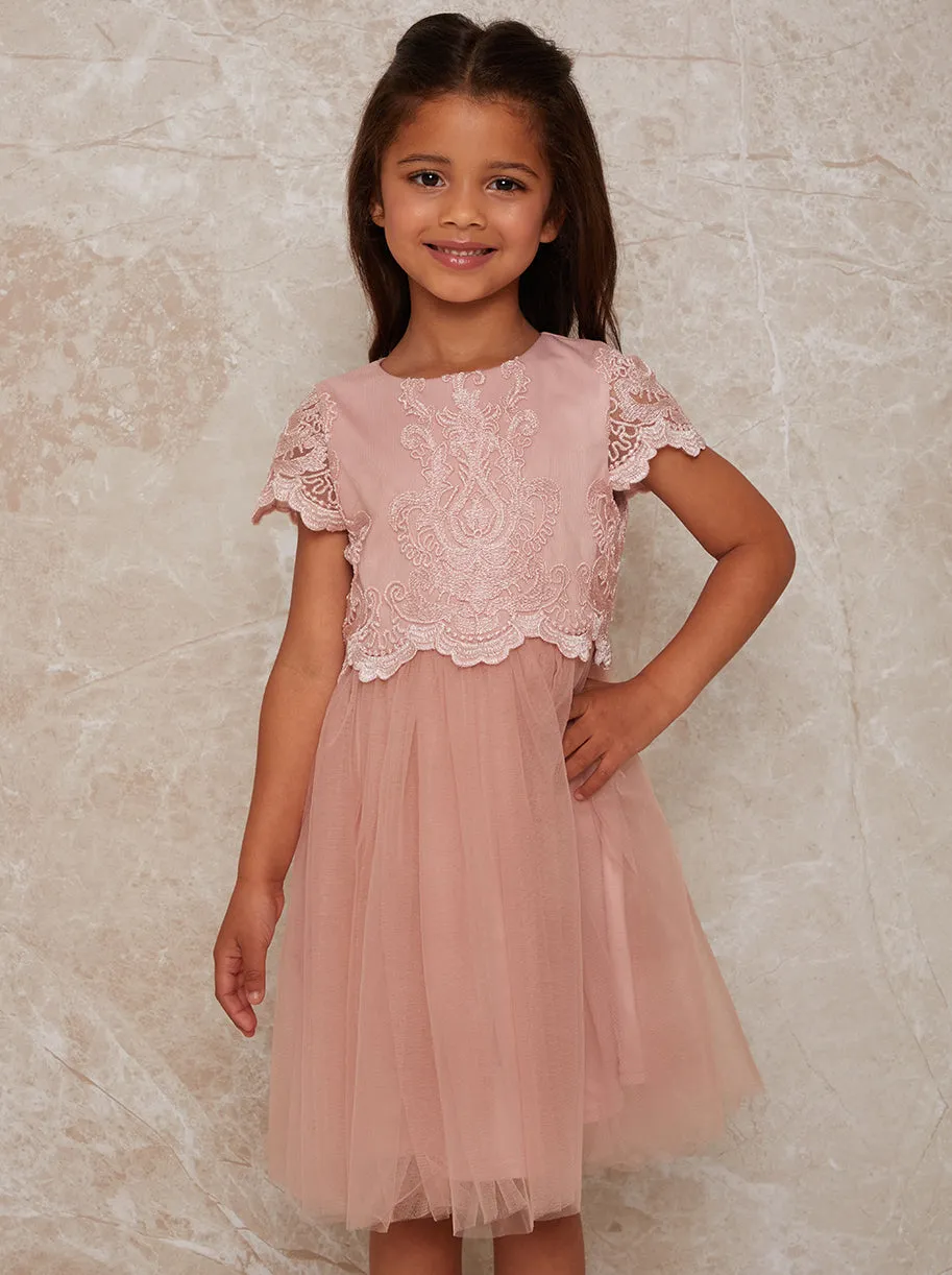 Girls Lace Overlay Dress with Mesh Skirt in Pink sold by Chi Chi London product image thumbnail 4