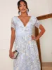 Plunge Neck Embroidered Lace Midi Dress in Blue sold by Chi Chi London
