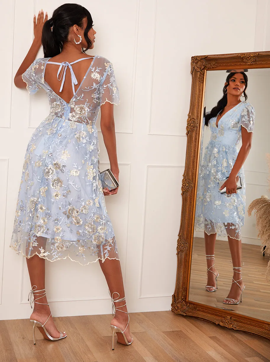 Plunge Neck Embroidered Lace Midi Dress in Blue sold by Chi Chi London product image thumbnail 3
