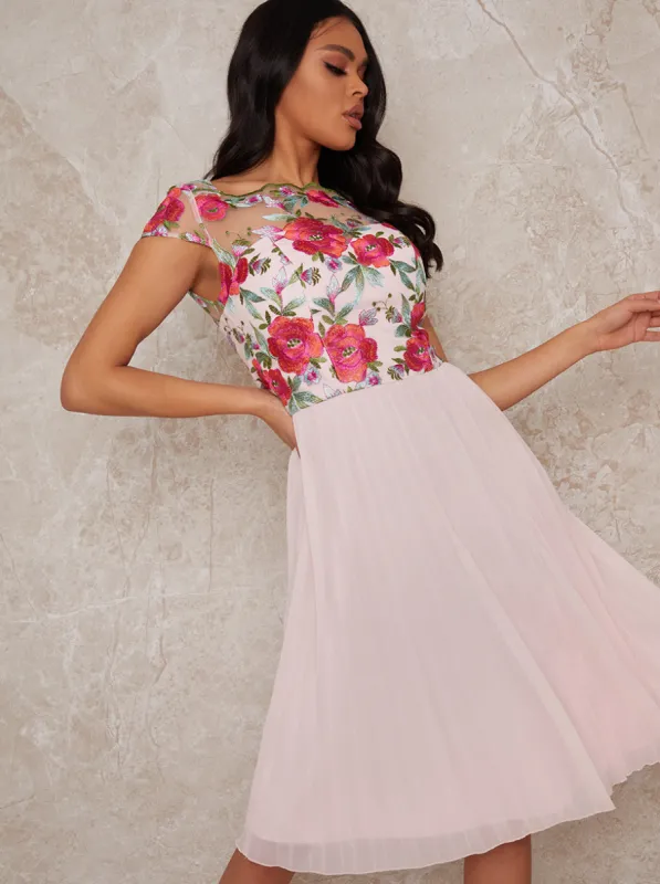 Cap Sleeved Embroidered Bodice Pleat Midi Dress in Pink sold by Chi Chi London