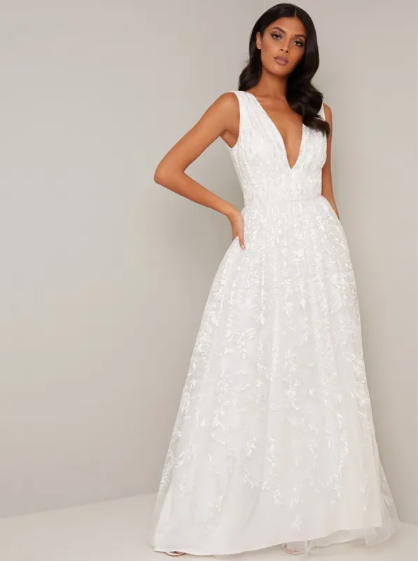 V Neck Embroidered Wedding Dress in White sold by Chi Chi London