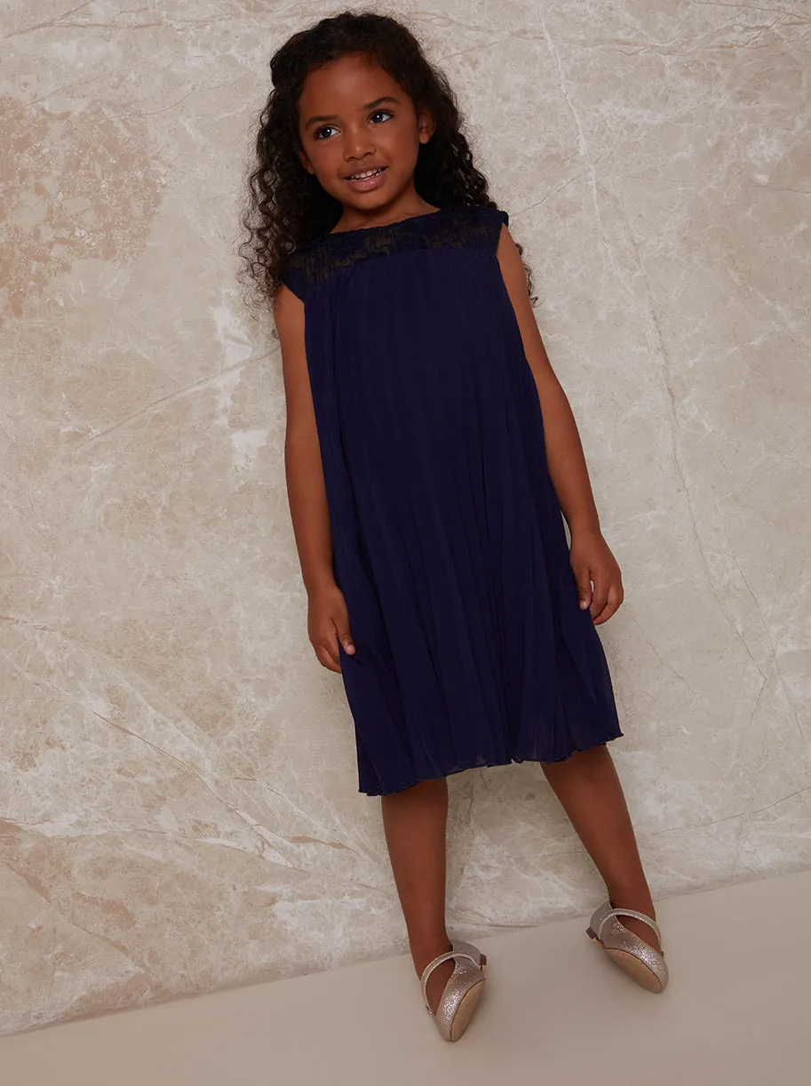 Girls Pleated Crochet Yoke Dress in Navy sold by Chi Chi London