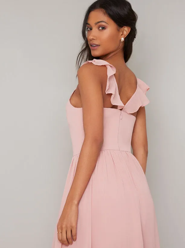 Ruffle Detail Pleated Maxi Dress in Rose Gold sold by Chi Chi London