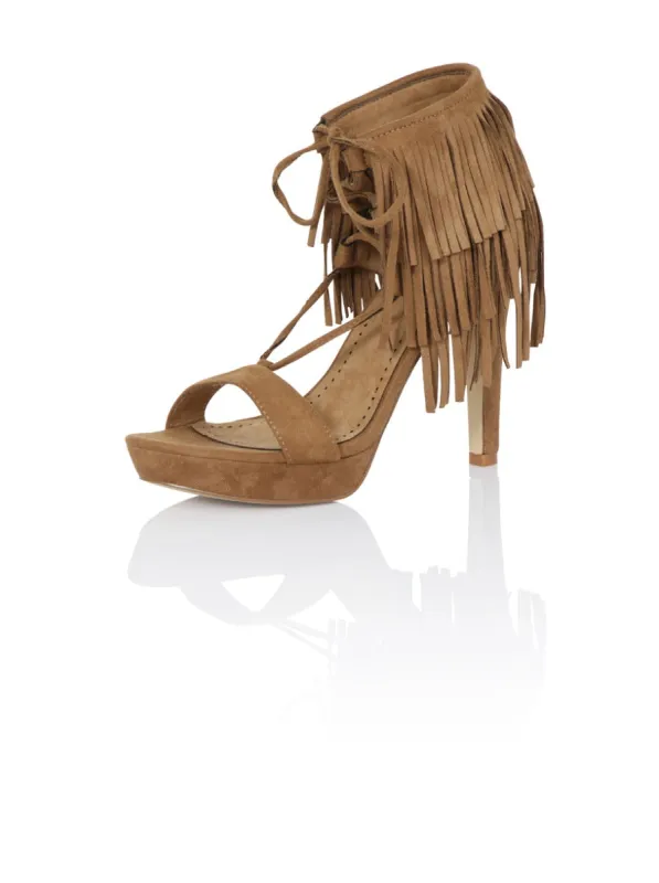 High Heel Platform Tassel Sandals in Brown sold by Chi Chi London