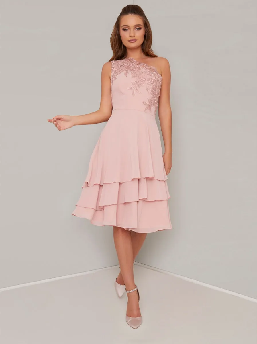 Lace Detail One Shoulder Tiered Midi Dress in Rose Gold sold by Chi Chi London product image thumbnail 2