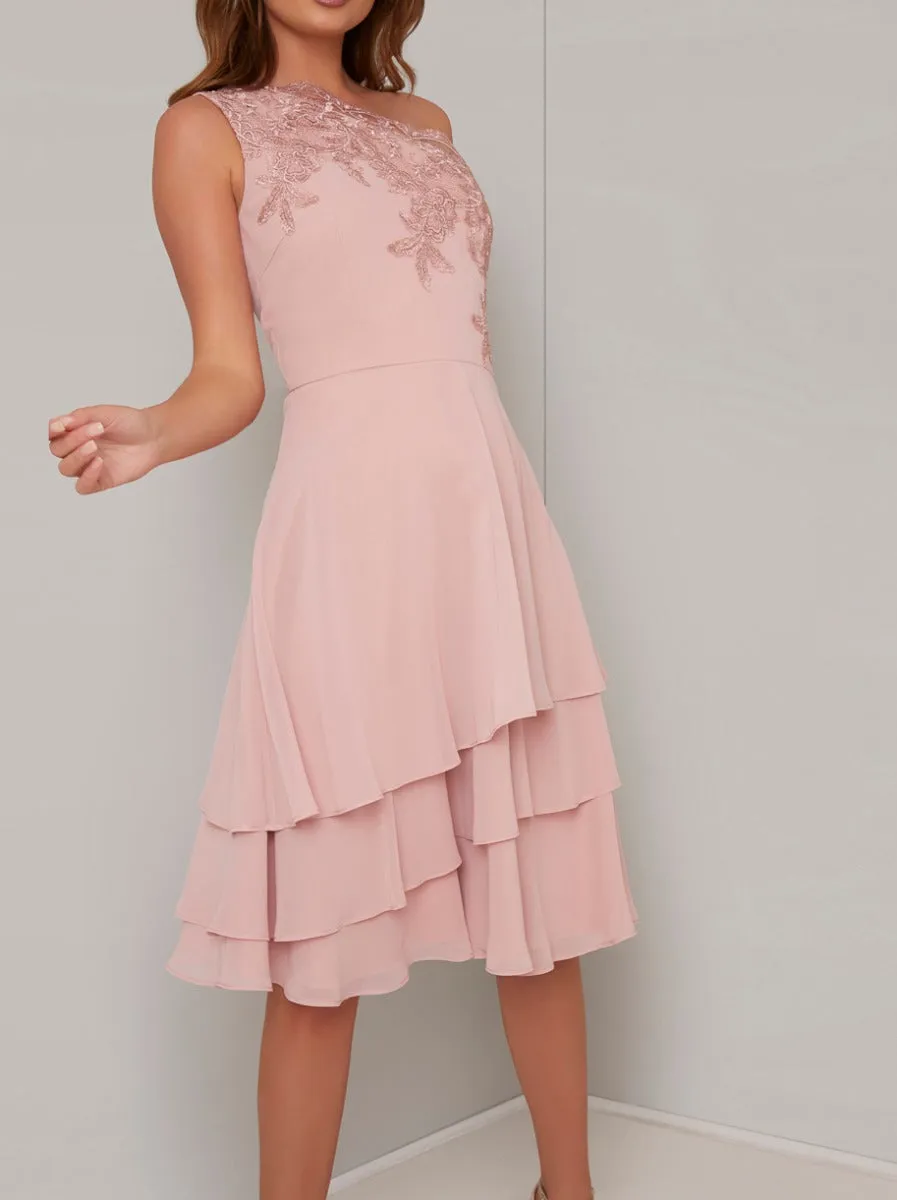 Lace Detail One Shoulder Tiered Midi Dress in Rose Gold sold by Chi Chi London product image thumbnail 3