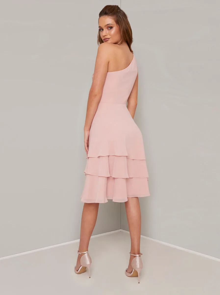 Lace Detail One Shoulder Tiered Midi Dress in Rose Gold sold by Chi Chi London product image thumbnail 4