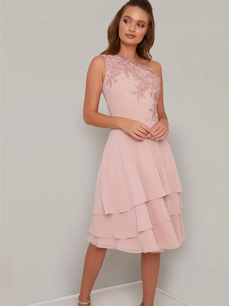 Lace Detail One Shoulder Tiered Midi Dress in Rose Gold sold by Chi Chi London