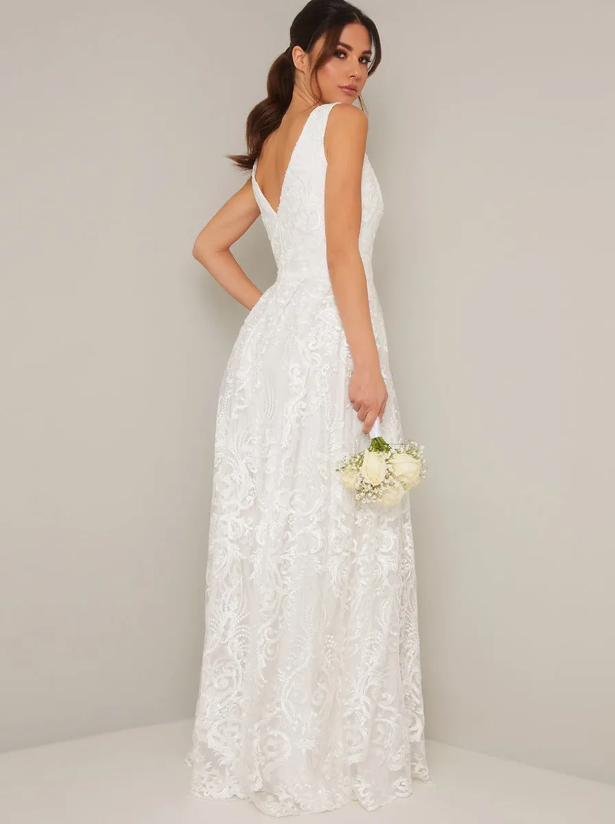 Lace V Neck Maxi Wedding Dress in White sold by Chi Chi London product image thumbnail 4