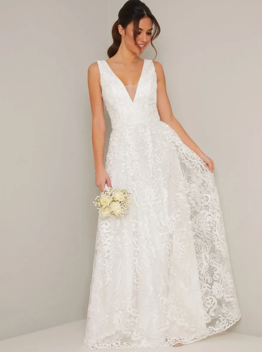 Lace V Neck Maxi Wedding Dress in White sold by Chi Chi London