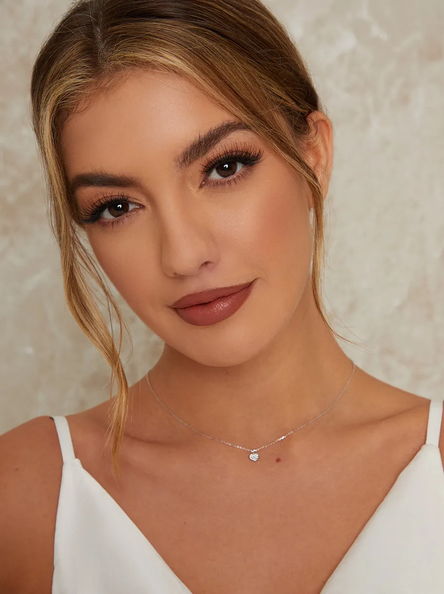 Diamante Mini Heart Necklace In Silver Tone sold by Chi Chi London