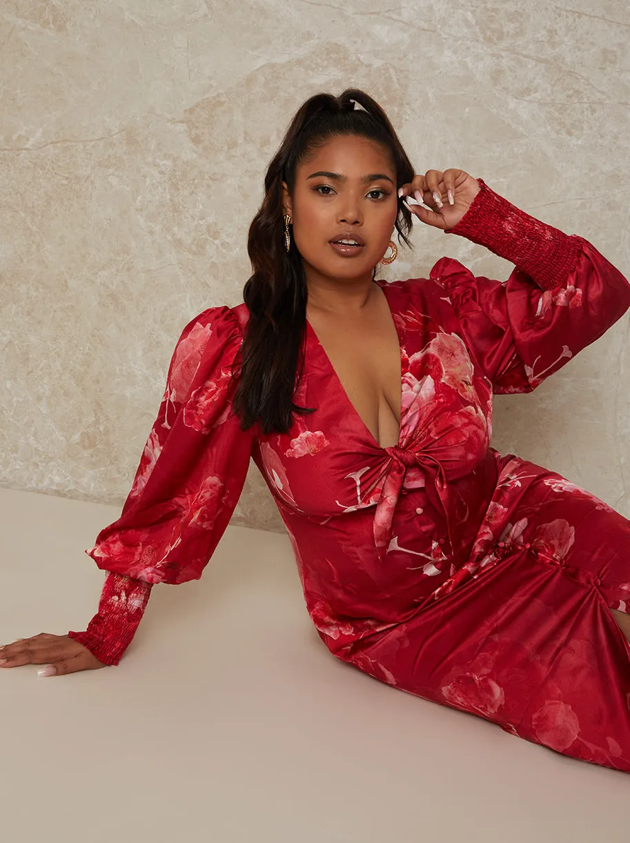 Plus Size V Neck Puff Sleeve Floral Midi Dress in Red sold by Chi Chi London product image thumbnail 4