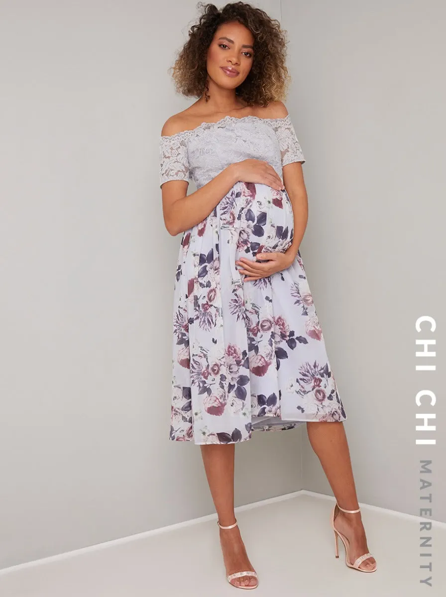Lace Floral Print Maternity Midi Dress in Purple sold by Chi Chi London product image thumbnail 2