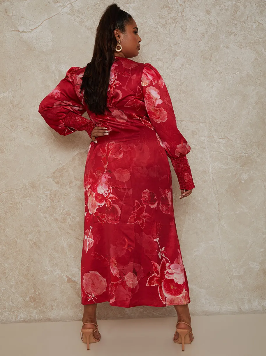 Plus Size V Neck Puff Sleeve Floral Midi Dress in Red sold by Chi Chi London product image thumbnail 5