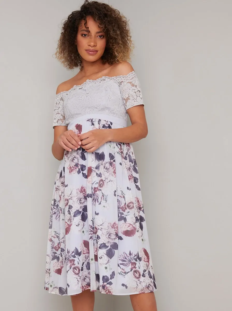 Lace Floral Print Maternity Midi Dress in Purple sold by Chi Chi London