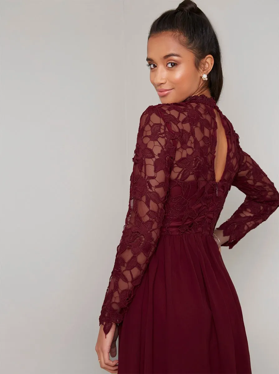 Petite Long Sleeved Lace Midi Dress in Red sold by Chi Chi London product image thumbnail 3