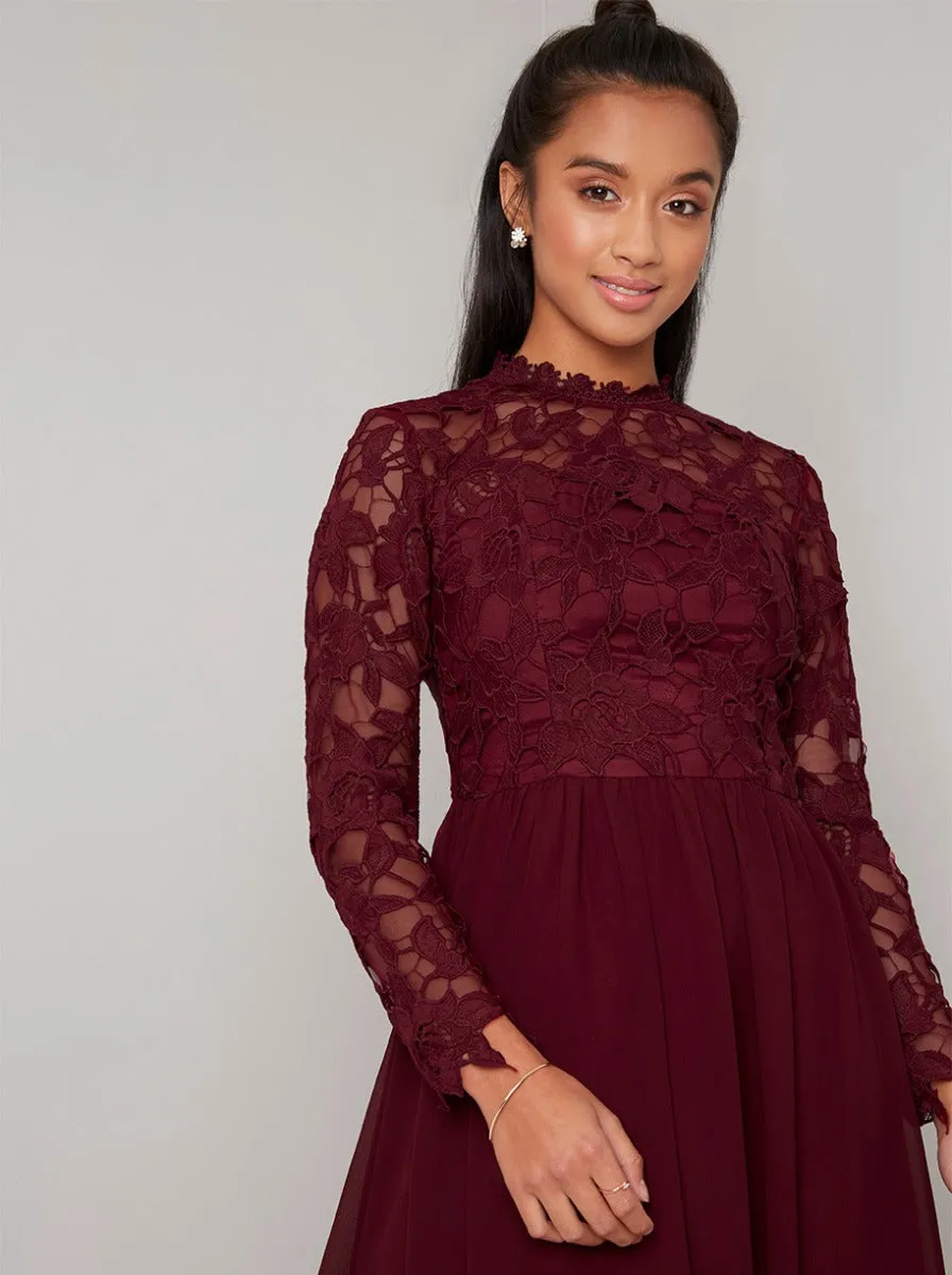 Petite Long Sleeved Lace Midi Dress in Red sold by Chi Chi London