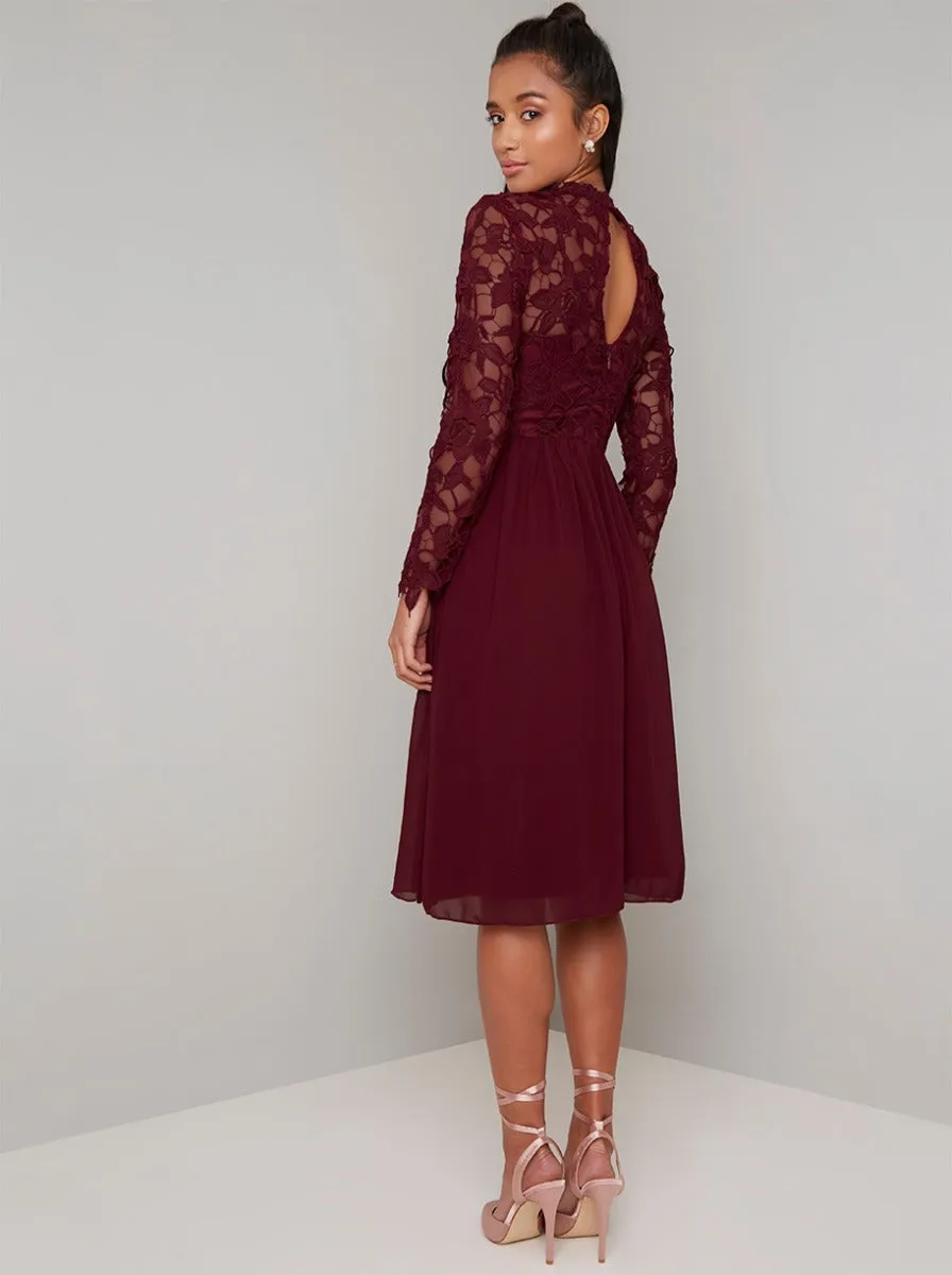 Petite Long Sleeved Lace Midi Dress in Red sold by Chi Chi London product image thumbnail 4
