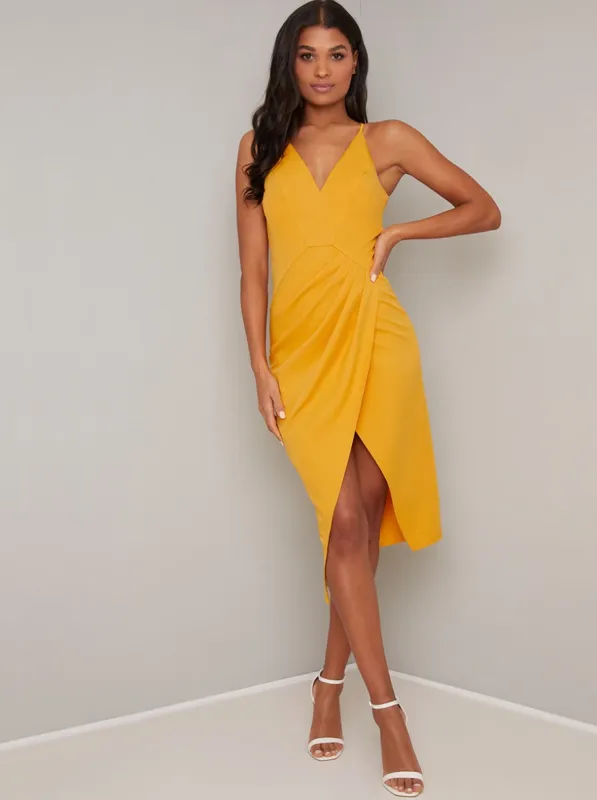 Cami Strap Wrap Style Midi Dress in Yelllow sold by Chi Chi London