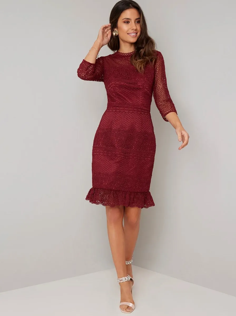 Crochet Bodycon Dress in Red sold by Chi Chi London