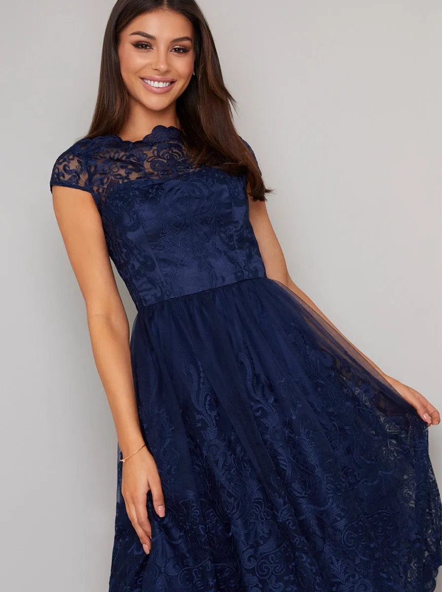 Tall Baroque Style Tea Midi Dress in Blue sold by Chi Chi London