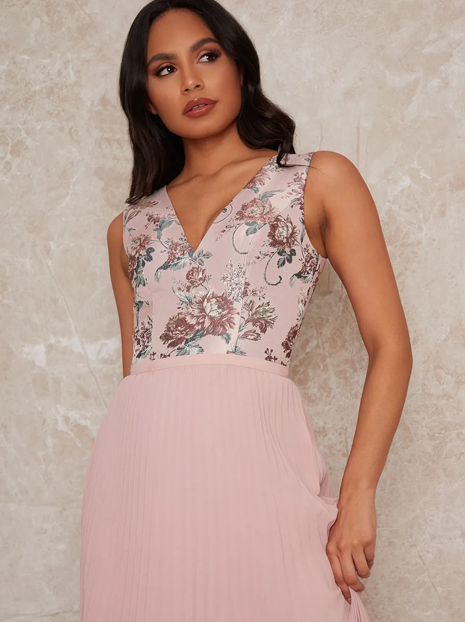 Sleeveless Floral Jacquard Dip Hem Midi Dress in Pink sold by Chi Chi London product image thumbnail 3