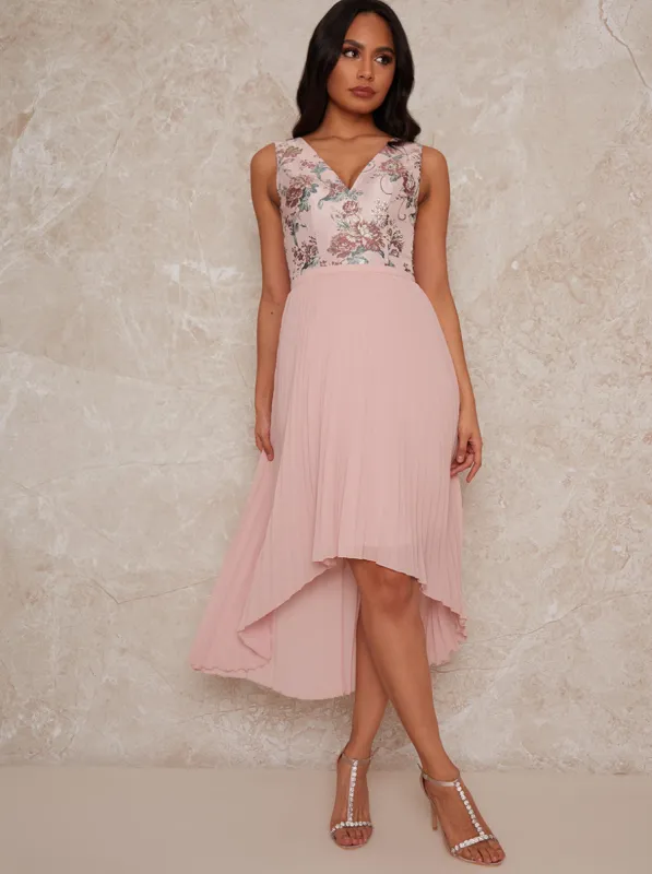 Sleeveless Floral Jacquard Dip Hem Midi Dress in Pink sold by Chi Chi London